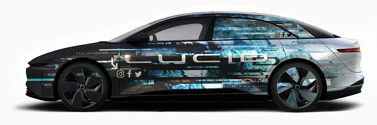 Lucid Air beta prototype in Monterey Bay wrap