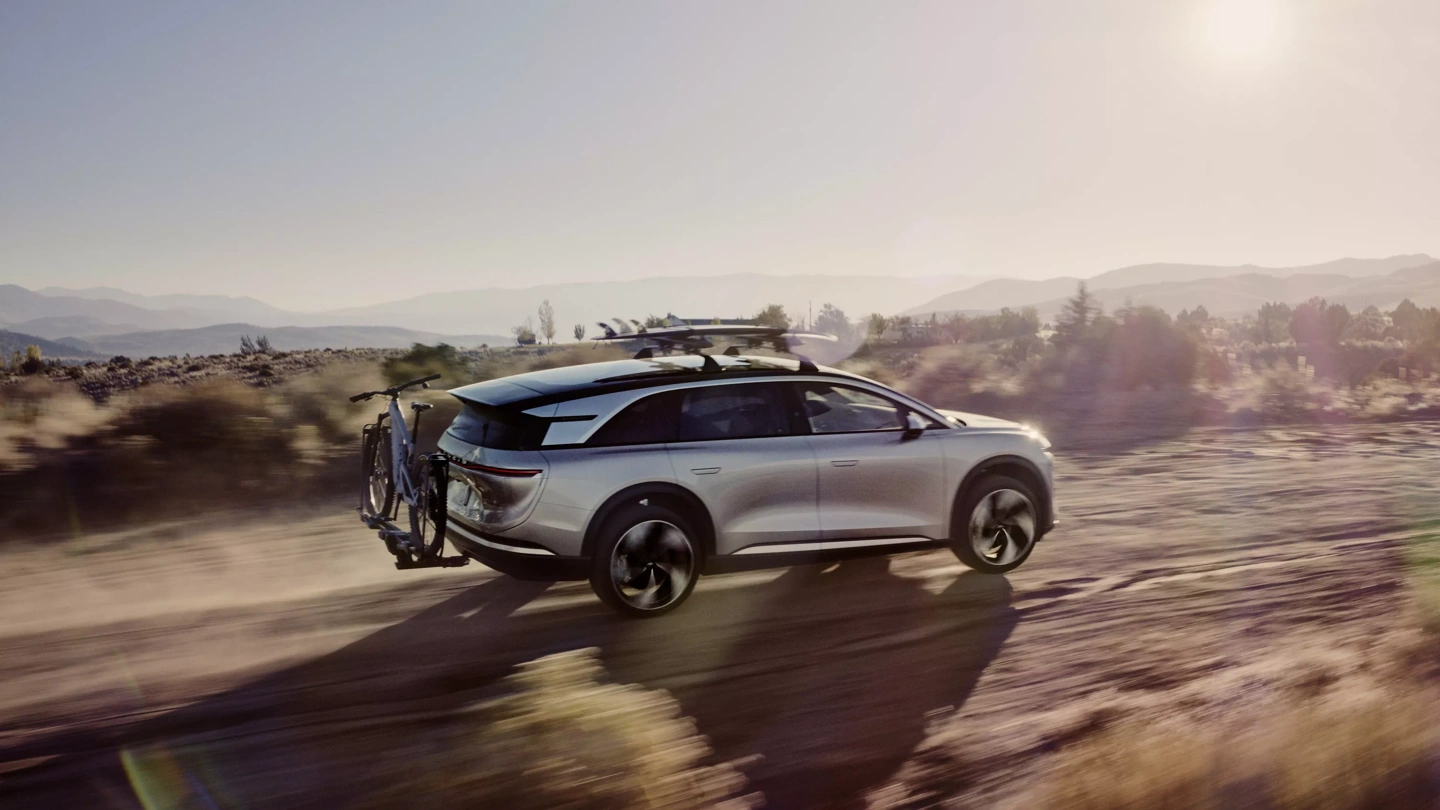 Two Lucid Gravity parked in the California desert