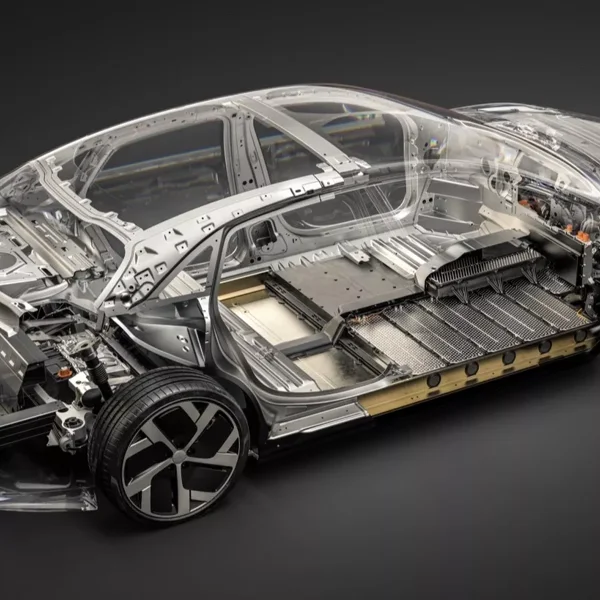 Châssis d’une voiture électrique Lucid montrant la robustesse et l’emplacement de la batterie.